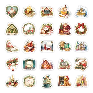 Detailed view of 25 vintage watercolor Christmas stickers with festive holiday designs