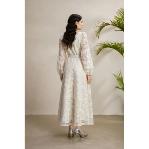 Elegant white lace dress with puff sleeves and pleated skirt back view for 2025 autumn