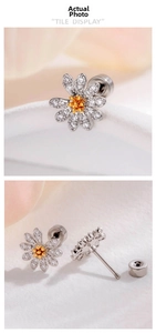 Macro detail of daisy flower earrings with micro-inlaid zircon and secure screw-back studs