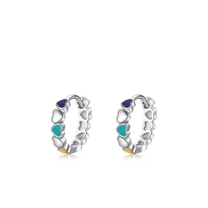 S925 sterling silver hoop earrings with colorful heart enamel in purple, green and yellow