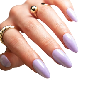Glossy lavender almond long press-on nails shown on hand with gold rings