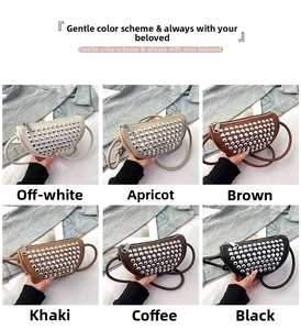 Detail view of semi-circular crossbody bags with metal studs in six different colors