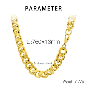 Detailed view of 13mm gold stainless steel Cuban chain necklace with dimensions and weight