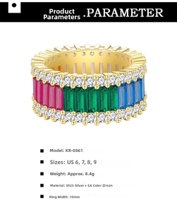 Detailed parameter list for wide 925 silver ring with colorful baguette zircons