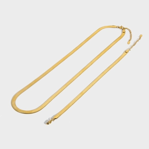 Detailed macro view of gold plated stainless steel flat snake chain with lobster clasp