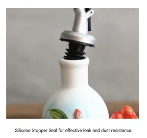 Detail of the leak-proof silicone seal and silver stopper on floral ceramic bottle