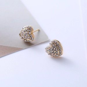 Detail of gold-plated heart stud earrings with sparkling pave-set crystal rhinestones