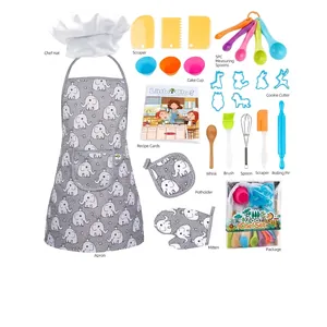 27-piece kids kitchen toy set with grey elephant apron, chef hat, and baking tools