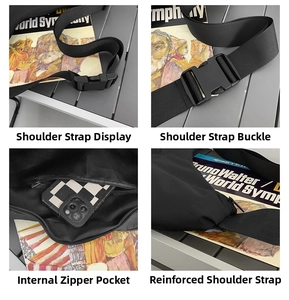 Detail view of the durable nylon strap, plastic buckle, and inner zipper pocket on the bag