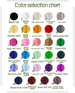 Detailed color selection chart featuring 29 embroidery thread shades with unique codes