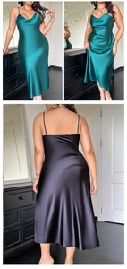 Detail of cowl neck and low back design on glossy satin silk sleepwear dress
