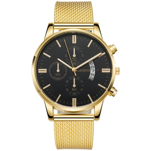 Detail of black dial with calendar display and golden mesh strap on Geneva quartz watch