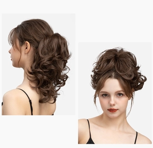 Detail of adjustable claw clip brown curly ponytail and bun hairpiece with bangs
