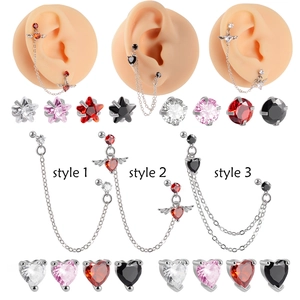 Stainless Steel Angel Wing Heart Star Zircon Chain Earrings For Cartilage Helix Piercing Jewelry Sweet Cool