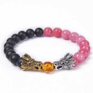Natural stone dragon bracelet with matte onyx and rose quartz beads for couples