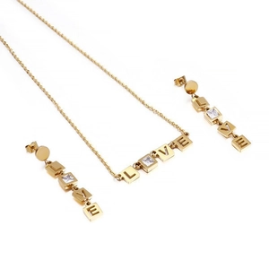 Golden LOVE letter necklace and earrings set with square cubic zirconia and stainless steel