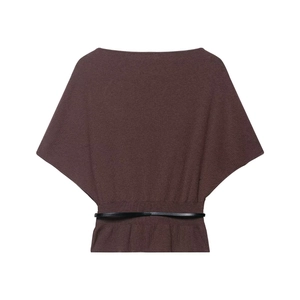 Dark brown batwing sleeve knitted top with an elegant boat neck and slim black waist belt