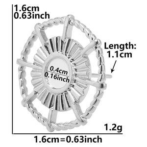 Macro view of silver 304 stainless steel wheel earring with detailed dimensions