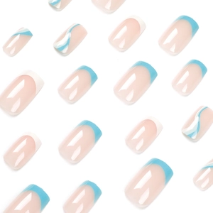 Blue and white French tip press-on nails with wave patterns on square oval shape