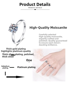 Detailed close-up of Moissanite ring featuring a classic four-prong setting and multi-layer plating