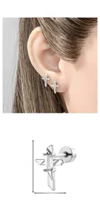 Detailed view of silver cross stud earring with zircon stone and screw-back design