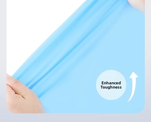 Detail of blue EVA raincoat material showing high elasticity and tear resistance