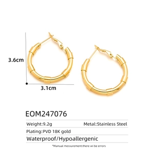Detail showing dimensions of 18K gold plated bamboo style stainless steel earrings