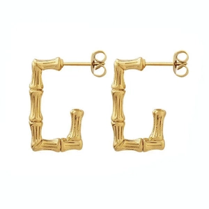 Bamboo style C-shaped geometric hoop earrings in polished 14K gold-plated titanium steel