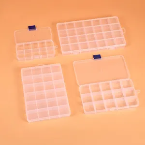 Transparent plastic storage organizer box with multiple grids and blue safety buckles