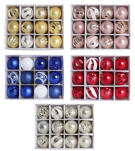 Detail of 12-piece Christmas ball sets in various colors and finishes for tree decoration