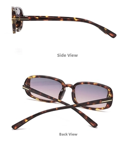 Detailed side and back views of tortoiseshell sunglasses with gold T-shaped metal hinges