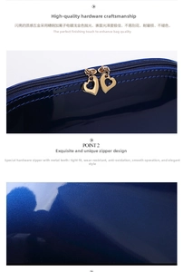 Close-up of heart-shaped gold zippers and glossy navy blue shell-shaped makeup bag