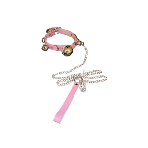 Pink PU leather choker with three silver bells and matching chain leash for women
