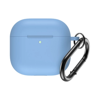 Detail of light blue silicone case for Airpods 4 with black metal carabiner and LED hole