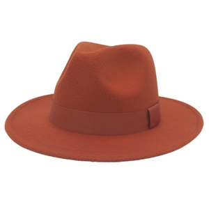 Detail of wool felt fedora hat showing wide brim and matching grosgrain ribbon trim