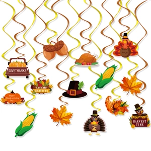Thanksgiving party decorations set with turkey pumpkin and corn hanging foil swirls
