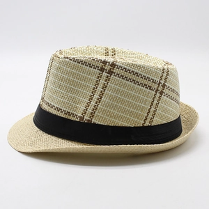 Men's breathable straw fedora sun hat with beige checkered pattern and black band