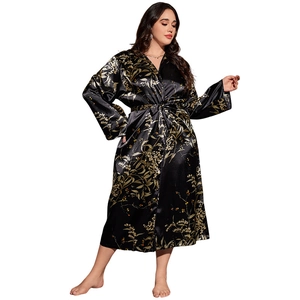 Elegant floral print satin bathrobe for women with gold and white flower patterns