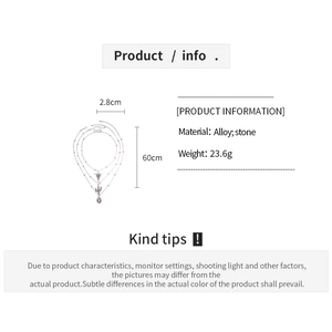 Detailed chart showing alloy and stone necklace specs including 60cm length and 23.6g weight