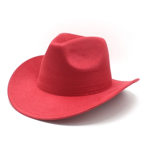 Detail of red faux suede western cowboy hat featuring reinforced stitching on brim edge