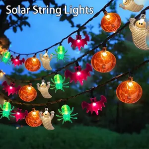 Solar Halloween string lights with pumpkin, bat, ghost and spider LED ornaments