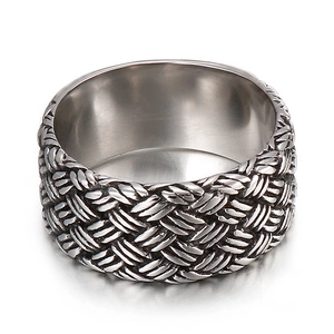 Bague punk pour hommes en acier inoxydable avec texture tressée et fini argenté