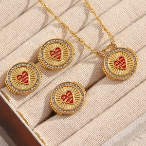 18K Gold Plated Stainless Steel Necklace Earrings Ring With Red Enamel Heart Zircon Engraved All You Need Is Love