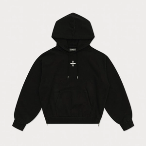 Schwarzer Kapuzenpullover aus Baumwolle mit Kreuzstern-Print und seitlichen Reißverschlüssen