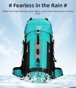 Detail of waterproof turquoise hiking backpack with water splashing against nylon fabric