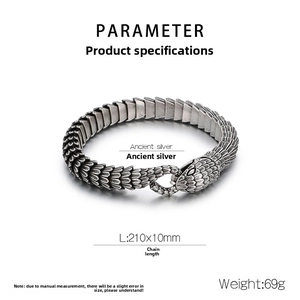 Detail of ancient silver snake bracelet with scale texture and head clasp, 210x10mm size