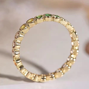 Detail of rainbow gemstone ring with gold plated milgrain edge and multi-colored zircons