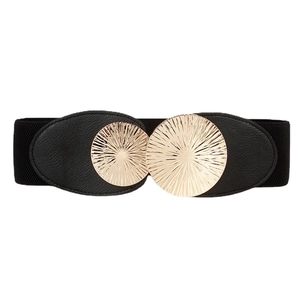 Women's wide elastic waist belt with textured gold metal double disc buckle on white background