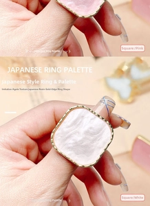 Detailed view of square resin nail art palette rings with gold trim and agate texture