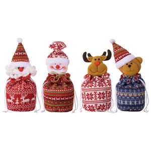 Set of four knitted Christmas drawstring gift bags featuring Santa, Snowman, Deer and Bear